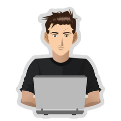 flat design young man with computer icon vector illustration