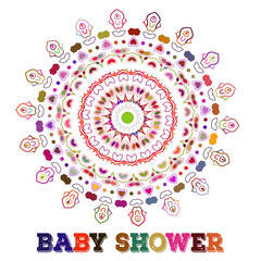 Vector baby shower. Symmetry circle shape child decoration. or birthday invitation template.