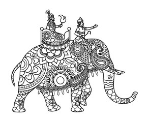 Indian maharajah on the elephant coloring pages template. Vector illustration