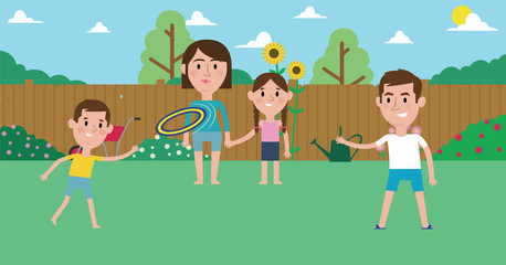 Fototapeta na wymiar Illustration Of Family Playing With Frisbee In Garden
