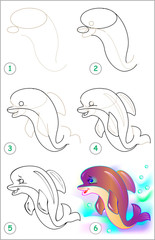 Obraz premium Page shows how to learn step by step to draw a dolphin. Developing children skills for drawing and coloring. Vector image.