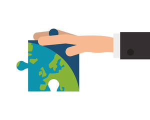 flat design hand holding puzzle piece of earth icon vector illustration