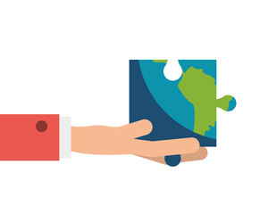 flat design hand holding puzzle piece of earth icon vector illustration