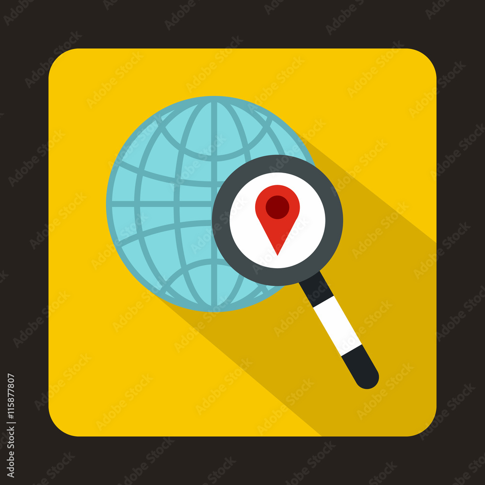 Poster globe, map pointer and magnifying glass icon in flat style on a yellow background