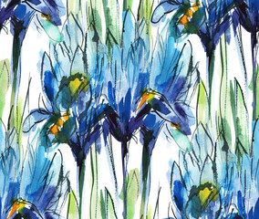 print seamless pattern with bouquet of blue irises on a white background, watercolor sketch