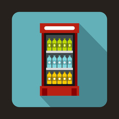 Fridge with refreshments drinks icon in flat style on a light blue background