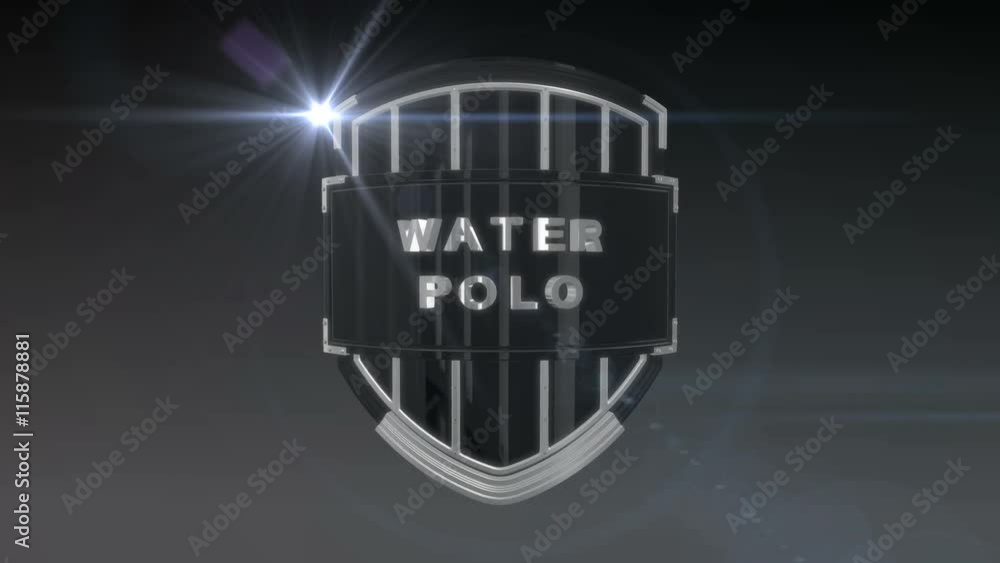 Poster seamless looping 3d animation of the word water polo on a shield – chrome version; including alpha m