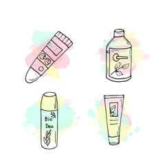 Organic cosmetics illustration. Vector cosmetic bottles. Doodle skin care items. Hand drawn set. Herbal lotion. Bio cream.