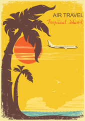 airplane and tropical paradise old retro poster bacckground