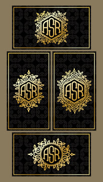set templates of business cards on black background with monograms