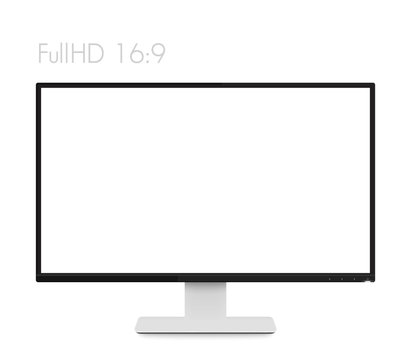 monitor mockup on white, modern realistic computer display with wide blank screen and thin frames, vector illustration
