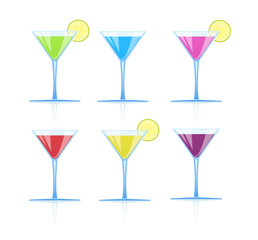 Set of glasses with different colored drinks