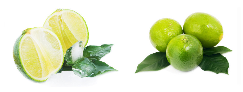 Ripe fruit with lime leaves and ice isolated on white background