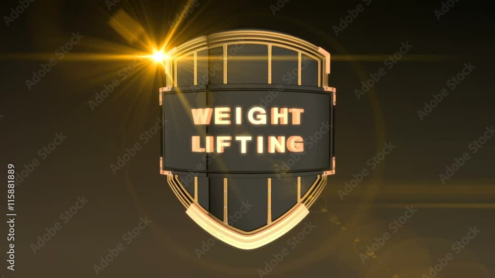 Poster seamless looping 3d animation of the word weightlifting on a shield – orange light version; includin