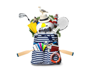 Striped sea bag with oars and plane tickets