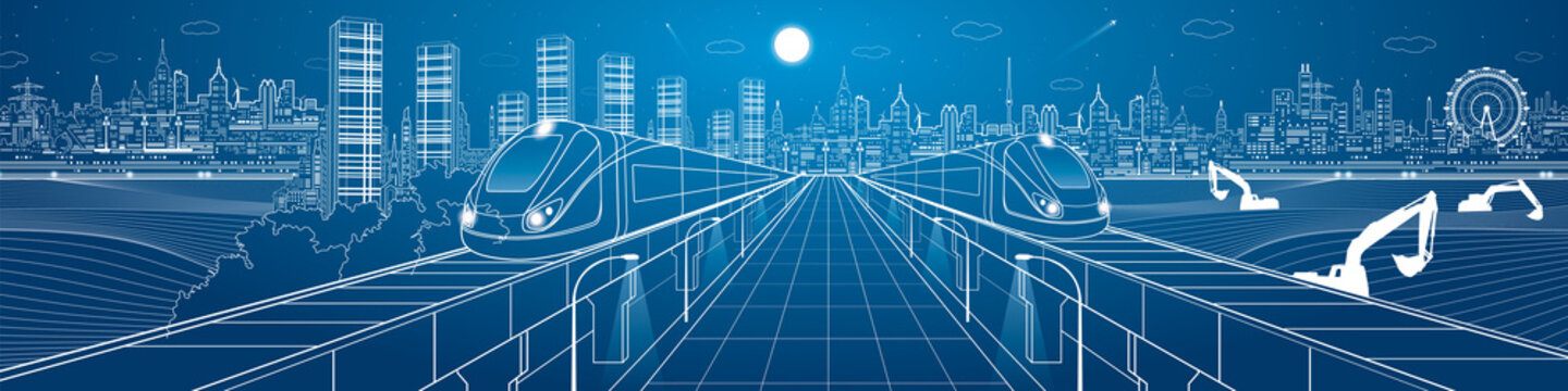 Amazing infrastructure panorama city, trains travel over bridges, industrial and transportation illustration, night town, airplane flying, building scene, vector design art