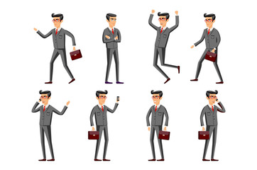 Fototapeta na wymiar businessman in a gray suit set. Collection of business people illustrations in different poses vector