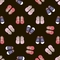 Kids seamless pattern with colored shoes on black background