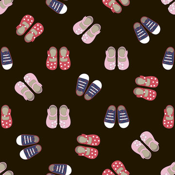 Kids seamless pattern with colored shoes on black background