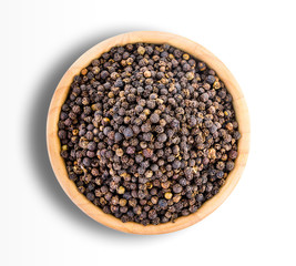 peppercorn in wood bowl isolated on white background