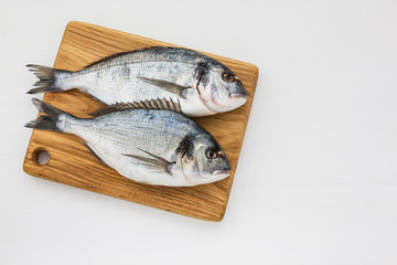 Two fresh dorado fish on wooden cutting board.  Top view, copy space. 