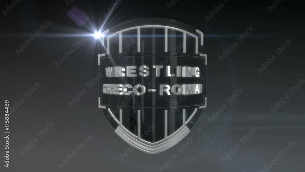 Poster seamless looping 3d animation of the word wrestling greco-roman on a shield – chrome version; includ