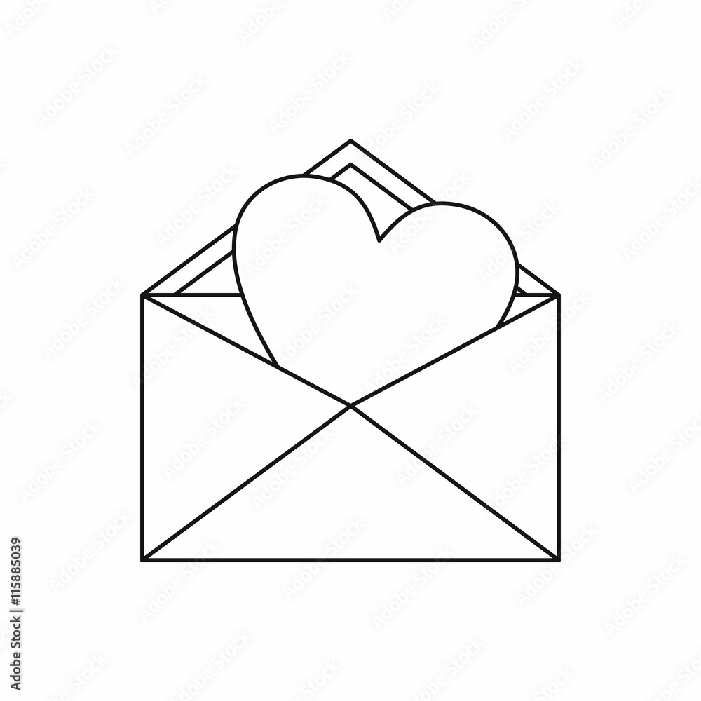 Poster open envelope with heart icon in outline style isolated vector illustration