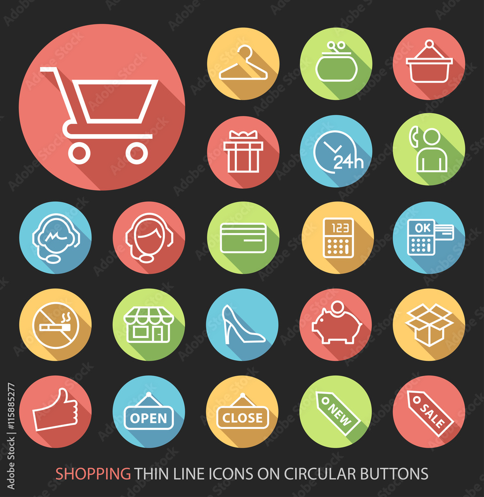 Poster elegant white shopping minimalistic thin line icons on circular colored buttons on black background.