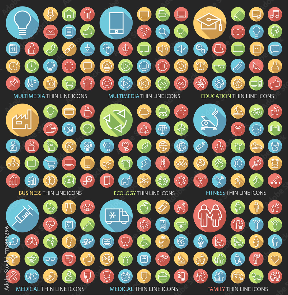 Poster set of 190 universal flat minimalistic thin line icons on circular colored buttons (multimedia, educ