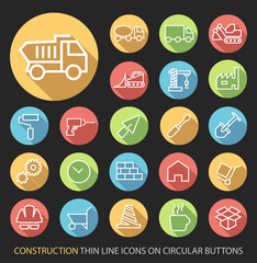 Set of Universal Elegant White Construction Minimalistic Thin Line Icons on Circular Colored Buttons on Black Background.