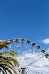 Fototapeta premium Big ferris wheel against blue sky with palm tree at park