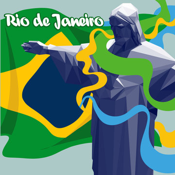 Abstract rio de janeiro, Brasil national flag, lines and statue of Jesus. Digital vector image.