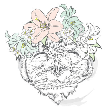 Funny owl wearing a wreath of roses and jasmine. Vector illustration for greeting card, poster, or print on clothes. Hipster. Bird clothing. Fashion & Style.