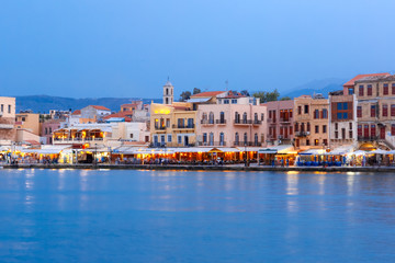 Obraz na płótnie Canvas Venetian quay of Chania during twilight blue hour, Crete, Greece
