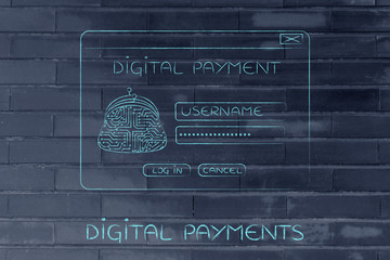 Fototapeta na wymiar digital payment login pop-up with electronic circuit coin purse