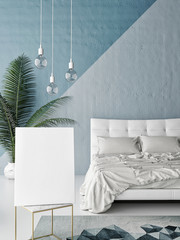 Mock up blank poster on the wall of bedroom, 3D rendering