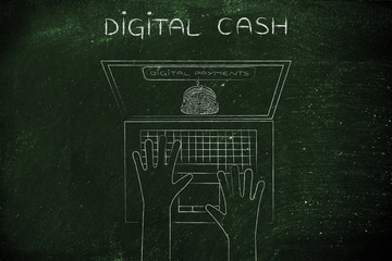 digital payment laptop with electronic coin purse and hands typi