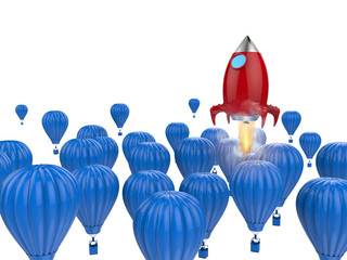 leadership concept with red rocket above blue hot air balloons