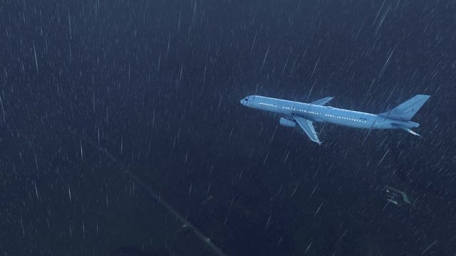 Passenger airplane flying in stormy sky with lightning and heavy rain at night time. Realistic 3D animation rendered in 4K, ultra high definition.