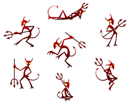 Cartoon devil character Halloween design element set, vector illustration, horizontal, isolated, over white
