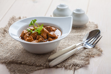 Goulash soup with pork and mushrooms.