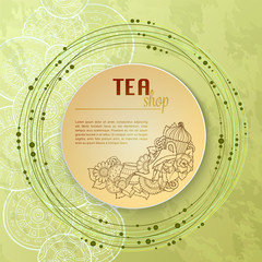 Tea and flowers doodle template pattern invitation. Greeting card. Tea Branding Design. Menu design.