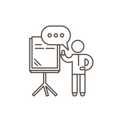 Speaker stands near the presentation board and holds seminar. Outline vector illustration.