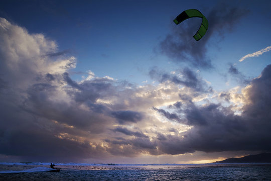 Silhouette of a kitesurfer, Los Lances beach, Tarifa, Andalucia, Spain