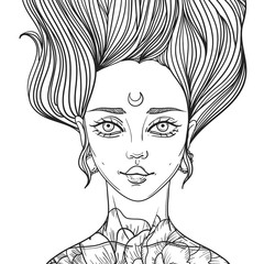 young beautiful woman with tattoo flower peony