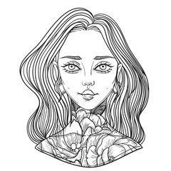 young beautiful woman with tattoo flower peony