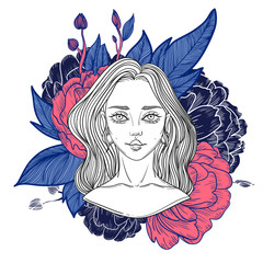 young beautiful woman with flower peony. tattoo poster