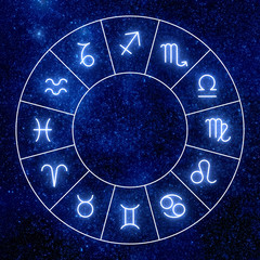 Zodiac circle. Shining zodiac signs against space sky and stars.
