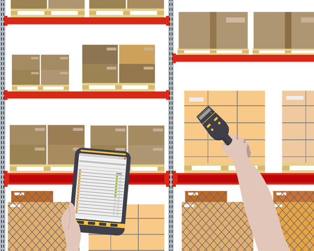 Worker checks for a large warehouse with cargo using a barcode scanner. Vector illustration