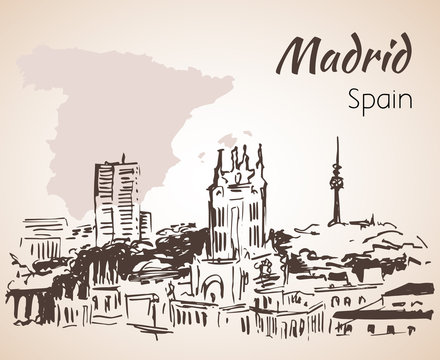 Madrid cityscape with map.